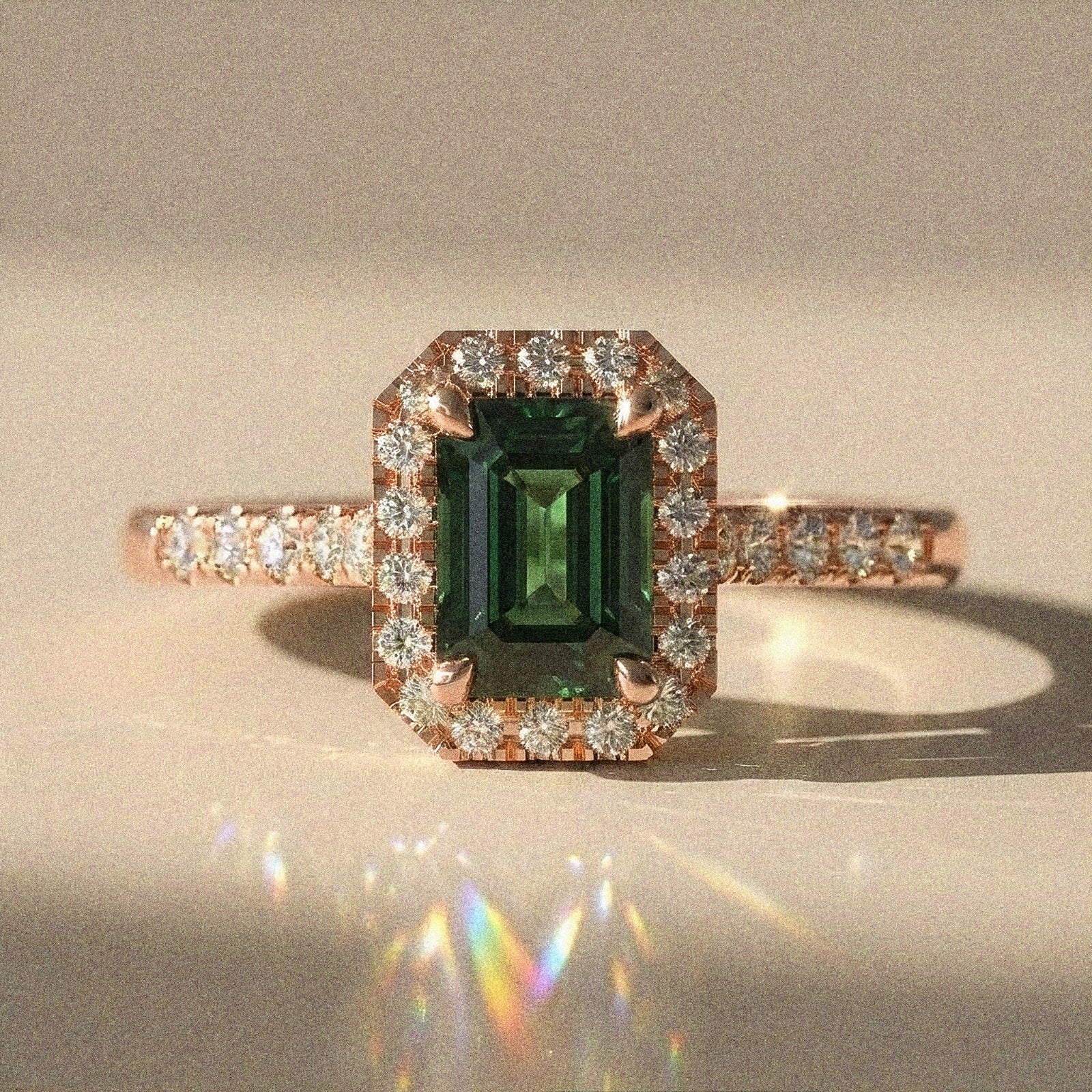 Adonia - Rectangular Step Cut Green Sapphire Engagement Ring with Halo