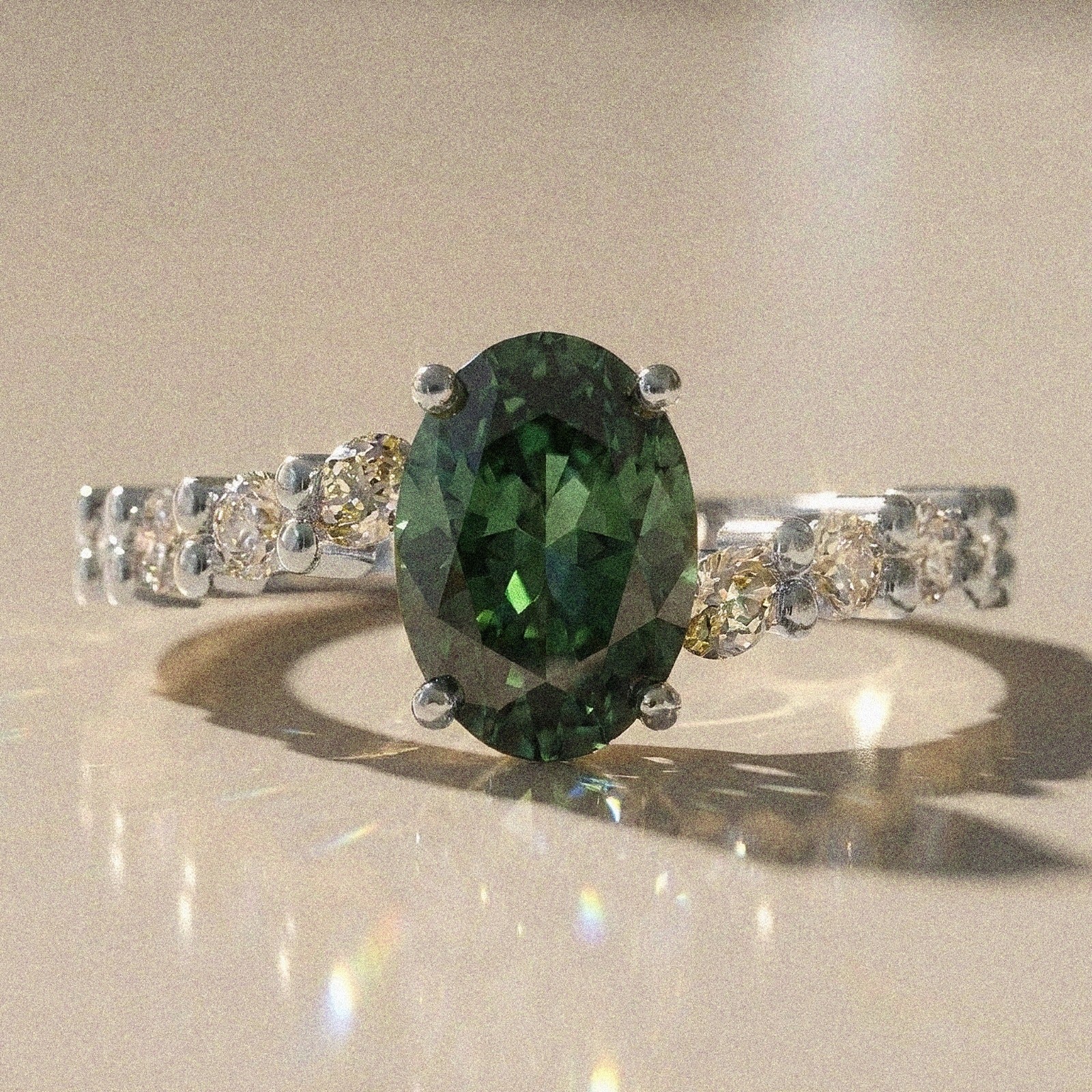 Bergenie - Oval stone engagement ring with side stones
